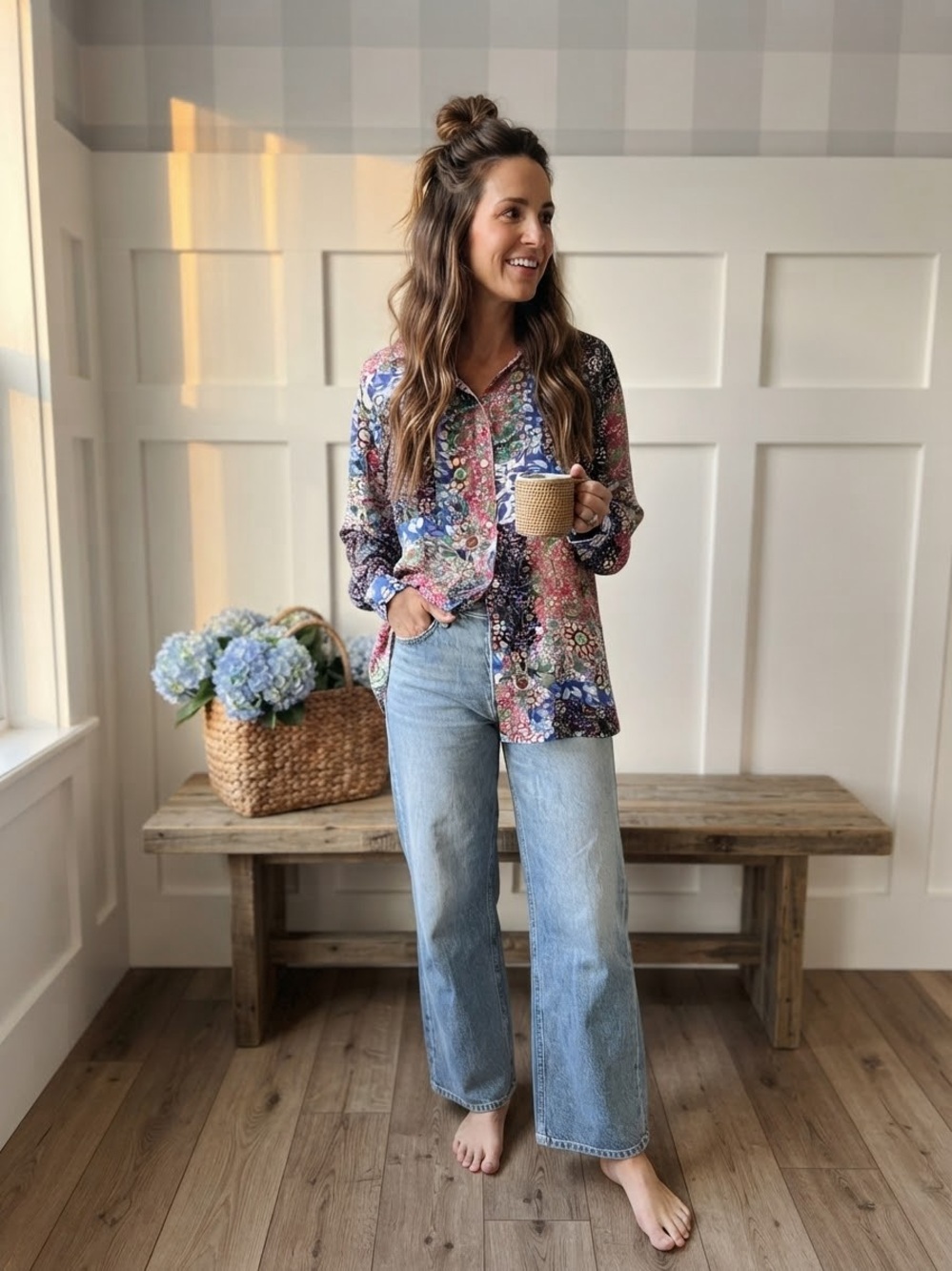 Multicolored Floral Patchwork Button-Down Blouse - Casual Women's Top 3X